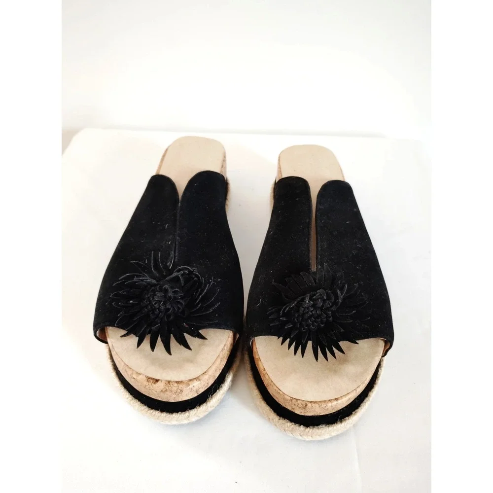 Women 10 Black Slip‑On Flower Cork Platform Gothic Boho Sandals   Woven Sole EUC